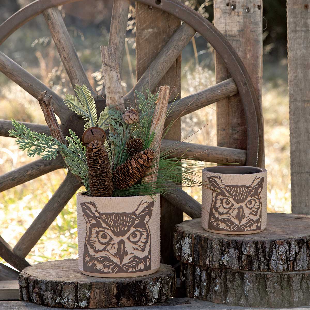 POT BARNYARD OWL LARGE 5.5IN X 5IN BROWN/BEIGE CONCRETE