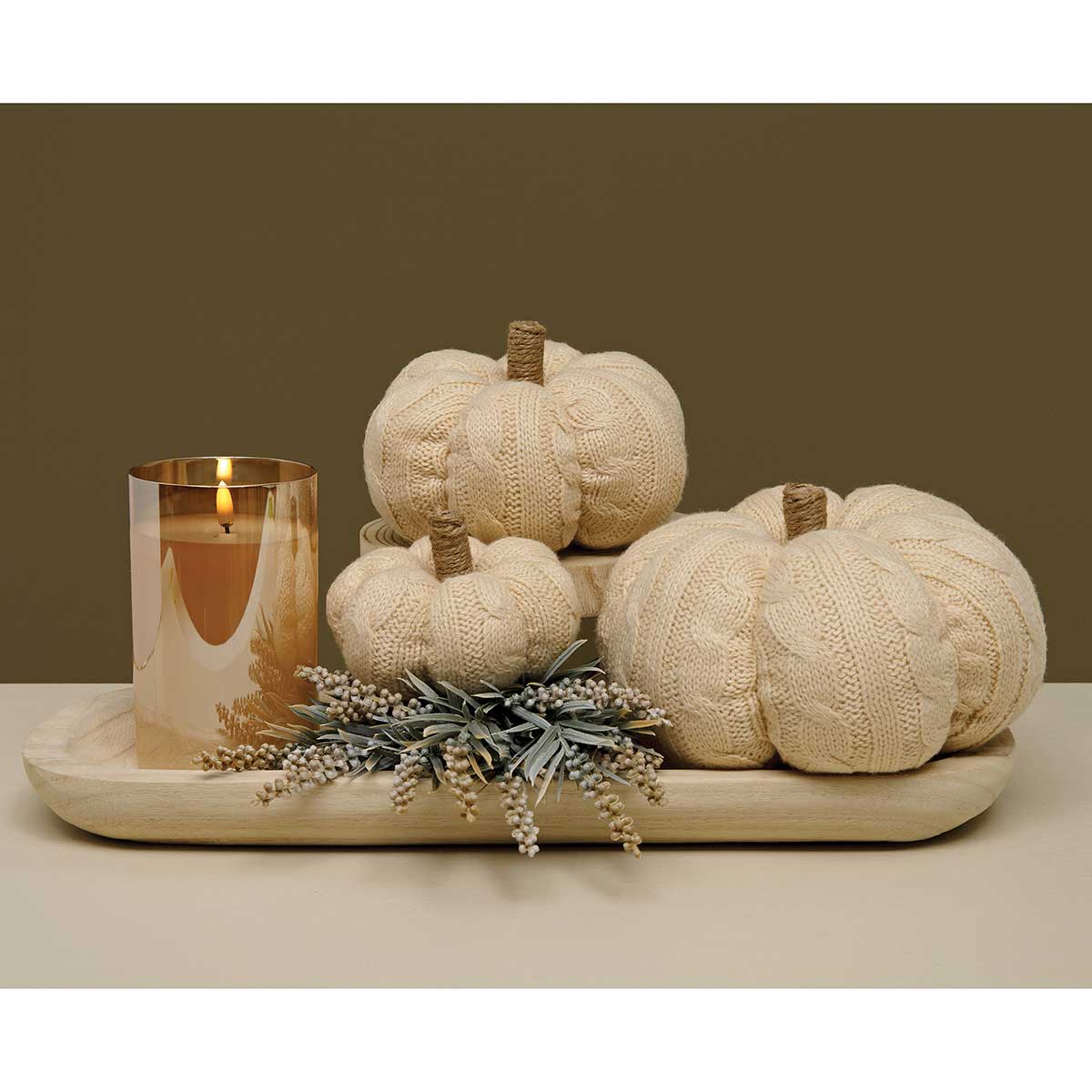 CABLE KNIT PUMPKIN PLUSH CREAM WITH TWINE STEM SMALL 5"X3.5"