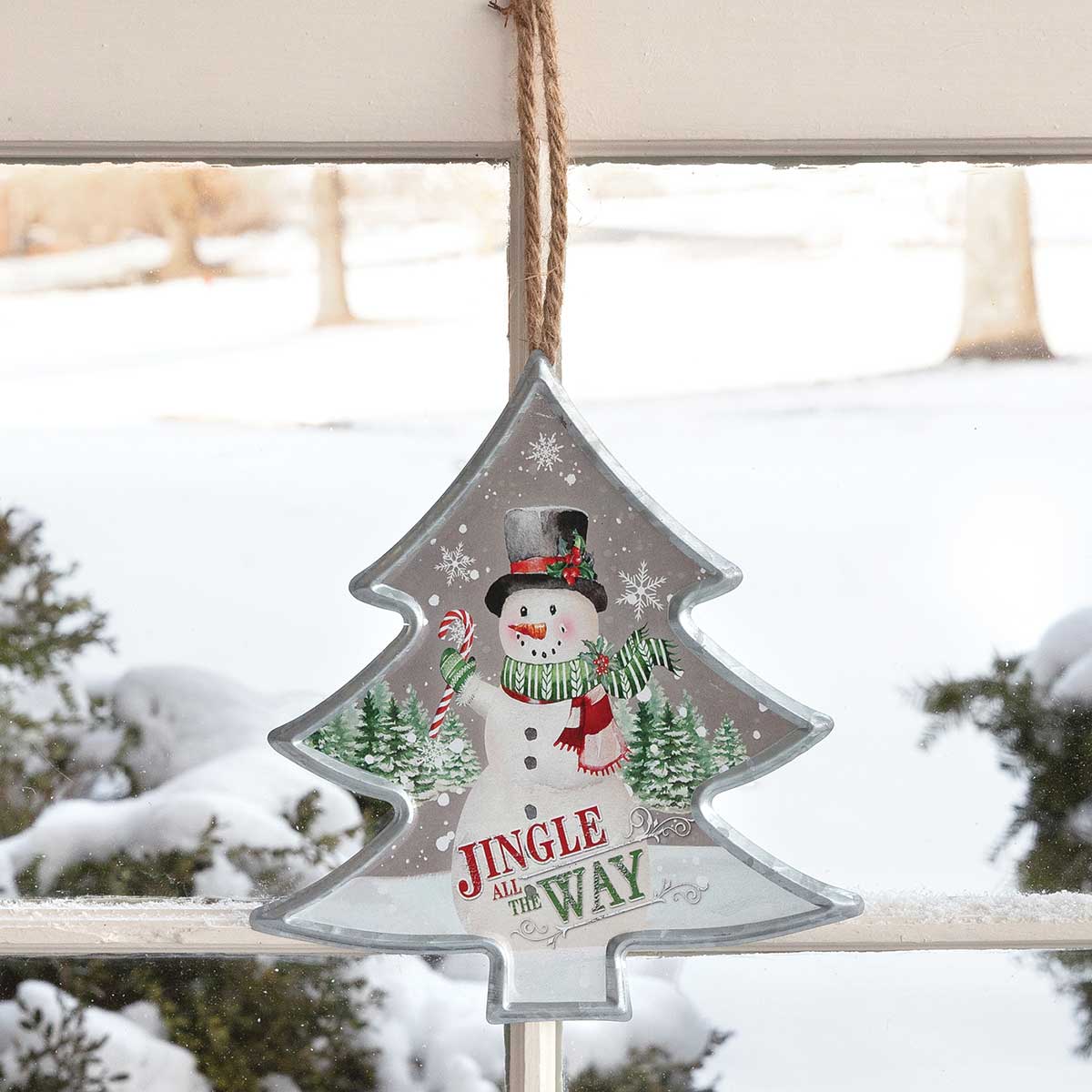 ORNAMENT SNOWMAN ON TREE 7.75IN X 8.5IN SILVER