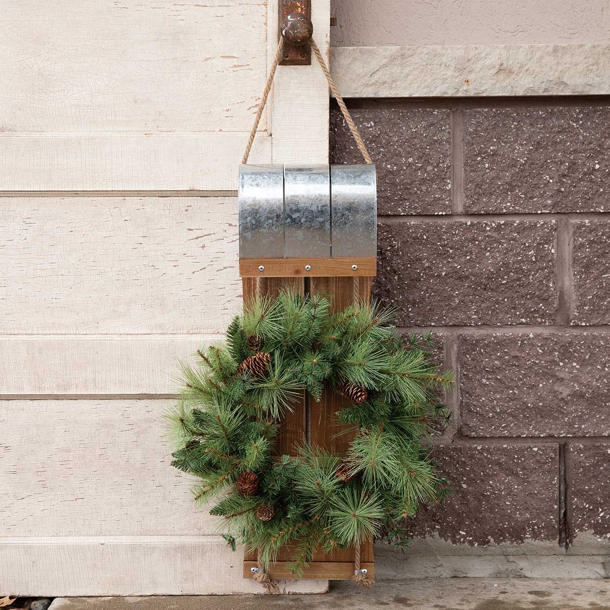 NATURAL WOOD/GALVANIZED METAL SLED WITH ROPE HANGER