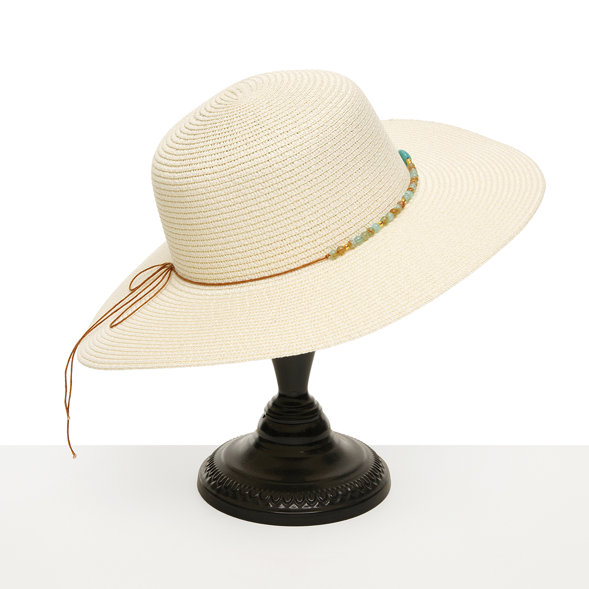 c70 HAT WHITE AQUA BEAD TIE